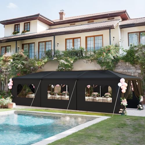 CFATLFRM 10x30 Black Party Tent Outdoor Canopy Waterproof Heavy Duty Wedding Event Tents for Parties with 8 Removable Sidewalls Perfect for Holiday Birthday Gatherings BBQ Backyard Patio CFATLFRM