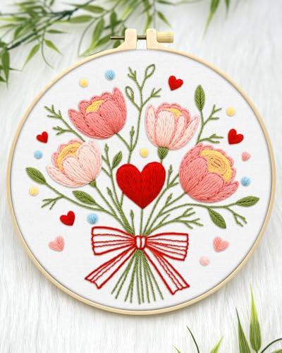 ERKOON Embroidery Kit for Beginners Adult, Flower Cross Stitch Set Include Embroidery Cloth Hoops Threads for Craft Lover Hand Stitch with Embroidery Skill Techniques (Bouquet) ERKOON