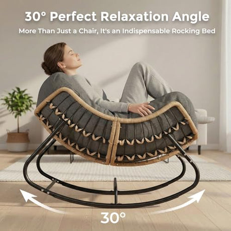 SWITTE Oversized Outdoor Papasan Rocking Chair, Wicker Egg Chair with Thick Cushion, Patio Lounge Rocker Bed for Indoor & Outdoor, Bedroom, Balcony, Porch, Garden, Dark Gray SWITTE