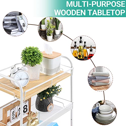 KINGRACK 4-Tier Rolling Cart,Metal Utility Cart with Wooden Tabletop,Easy Assemble Mobile Storage Trolley On Wheels,Craft Storage Cart for Bedroom Kid's Room Office Kitchen Bathroom,White KINGRACK