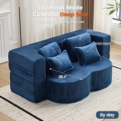 Orynveela Convertible Folding Sofa Bed, 78” Full Size Floor Sleeper Couch, Chenille Full Foam Futon Loveseat for Living Room Bedroom, No Assembly Required (Deep Blue) Orynveela