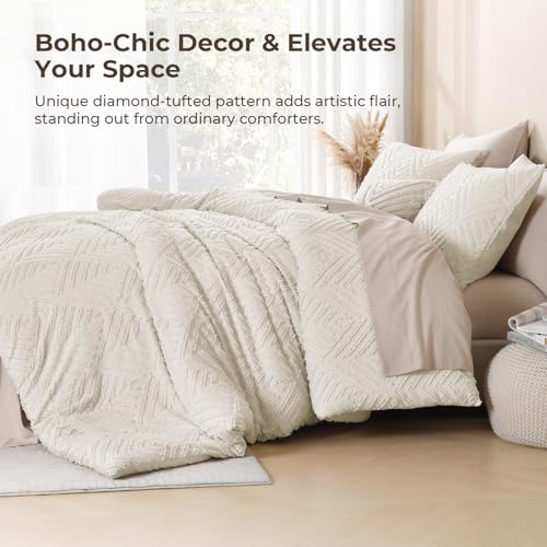 Litanika Queen Comforter Set Beige, 3 Pieces Cream Tufted Boho Farmhouse Bedding Comforter Sets, Lightweight Fluffy Comforter Bed Set for All Season (90x90In Comforter and 2 Pillowcases) Litanika