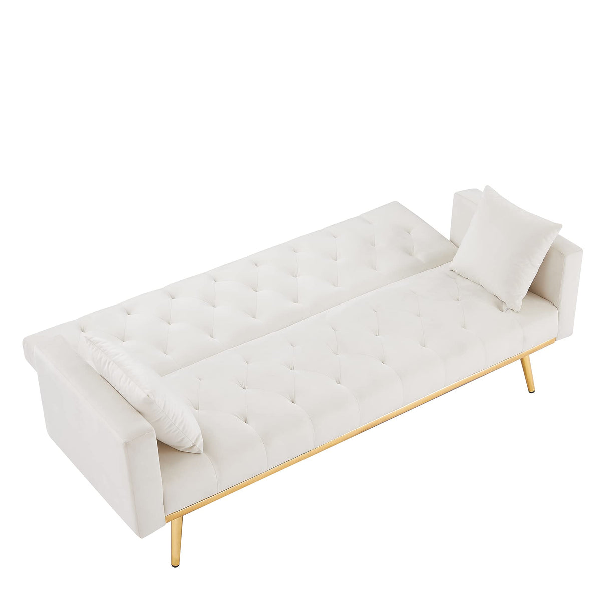 NEWTIK Velvet Futon Sofa Bed, Convertable Sleeper Couth with 4 Metal Legs, 2 Pillows, Modern Reclining Couch Bed for Bedroom, Living Room, Apartment, Compact Small Space (White) NEWTIK