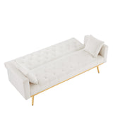 NEWTIK Velvet Futon Sofa Bed, Convertable Sleeper Couth with 4 Metal Legs, 2 Pillows, Modern Reclining Couch Bed for Bedroom, Living Room, Apartment, Compact Small Space (White) NEWTIK