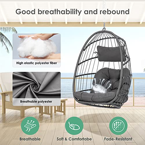 Hanging Egg Chair - Patio Rattan Wicker Swing Egg Chair Hammock Chair for Indoor Outdoor Bedroom Garden - Aluminum Steel Frame UV Resistant Cushion (Aluminum-Without Stand, Dark Grey) XIAO WEI