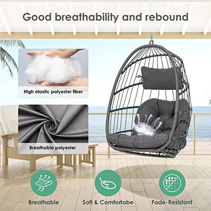 Hanging Egg Chair - Patio Rattan Wicker Swing Egg Chair Hammock Chair for Indoor Outdoor Bedroom Garden - Aluminum Steel Frame UV Resistant Cushion (Aluminum-Without Stand, Dark Grey)