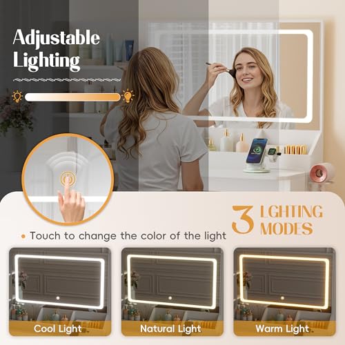 YESHOMY Vanity Desk with Lights and Mirror, L Shaped Makeup Table, Dresser with Hairdryer Holder and Power Outlet, Adjustable 3 Lighting Modes, 5 Drawers and Adjustabled Open Storage Shelves, White YESHOMY