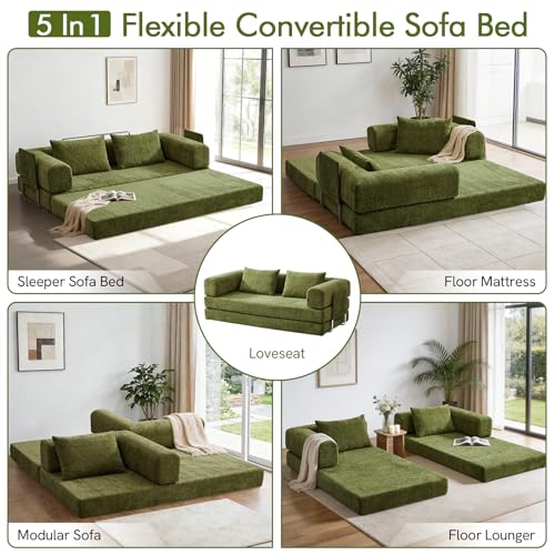 KozyNutria 81" Convertible Sofa Bed with Storage Pockets, 5-in-1 High Density Foam Boneless Couch, Corduroy Folding Futon Sleeper Sofa for Living Room Bedroom Apartment, No Assembly Required, Green KozyNutria