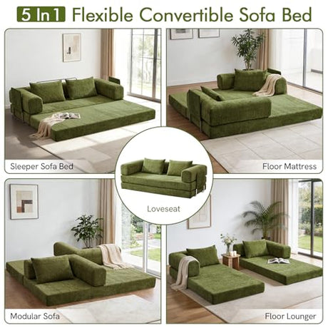 KozyNutria 81" Convertible Sofa Bed with Storage Pockets, 5-in-1 High Density Foam Boneless Couch, Corduroy Folding Futon Sleeper Sofa for Living Room Bedroom Apartment, No Assembly Required, Green KozyNutria