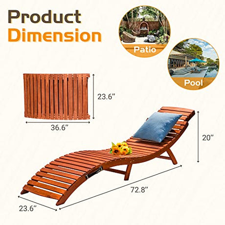 Greesum Wood Folding Chaise Lounge Chair, Weatherproof Extended Sun Lounger with Adjustable Headrest for Patio, Balcony Poolside Garden, Set of 2, Wooden Greesum