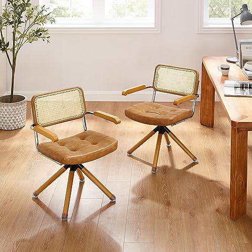 Art Leon Rattan Desk Chair - Faux Leather Upholstered Mid Century Office Chair, Vintage Swivel Accent Chair with Wood Legs, Brown Art Leon