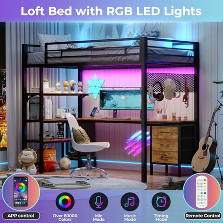BTHFST Loft Bed Twin Size with L-Shape Desk & RGB LED Lights & Charging Station, Twin Bunk Bed with Fabric Drawers & Shlves, 13.4'' H Safety Guardrail, Noise Free, No Box Spring Needed BTHFST
