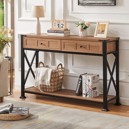 HOMBAZAAR Entryway Table,Rustic Console Table with 2 Drawers, Industrial Console Tables with Storage for Entryway, Hallway, Living Room,Brown,47 Inch HOMBAZAAR