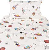 J-pinno Outer Space Planet Rocket Travel Adorable Twin 100% Cotton 3 Pieces Sheet Set for Kids Girls Children Flat Sheet + Fitted Sheet + Pillowcase Bedding Decoration Gift Set J-pinno