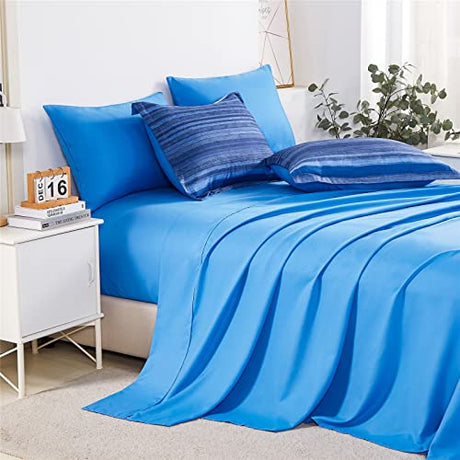 KAKIJUMN 7 Piece Bed in a Bag Stripe Comforter Set Full Size, White and Blue Patchwork Striped Comforter and Sheet Set, All Season Soft Microfiber Complete Bedding Sets(Blue,Full) KAKIJUMN