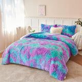 PERFEMET Fuzzy Girls Bedding Set Full Size 3 Pieces Luxury Purple and Teal Faux Fur Fluffy Comforter for Kids Teens Ultra Soft Warm Tie Dye Velvet Plush Shaggy Bed Comforter Sets(Purple Teal, Full) PERFEMET