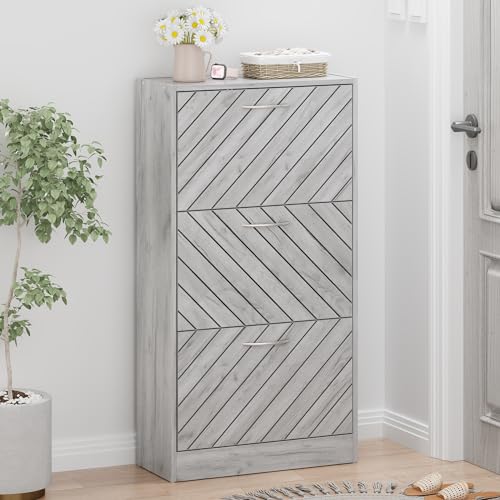 FUNISIR Shoe Storage Cabinet with 3 Flip Drawers, Slim Shoe Cabinet for Entryway, Hidden Shoe Organizer, Wooden Narrow Shoe Rack Cabinet with Removable Shelf, Grey FUNISIR
