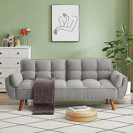 ERYE 75-Inch Tufted Upholstered Futon Sofabed Linen Loveseat Sofa Bed with Adjustable Backrest and Pillows for for Bedroom Living Room, Modern Convertible Futon Sleeper Bed ERYE