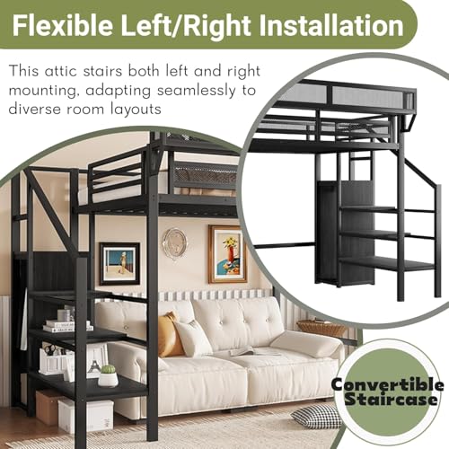 Duxelifin Twin Size Loft Bed with Staircase, Metal Loft Beds with Storage Shelves & Wardrobe, High Lofted Bed Frame, Loft Twin Bed for Boys Girls and Teens, No Box Spring Needed (Black) Duxelifin