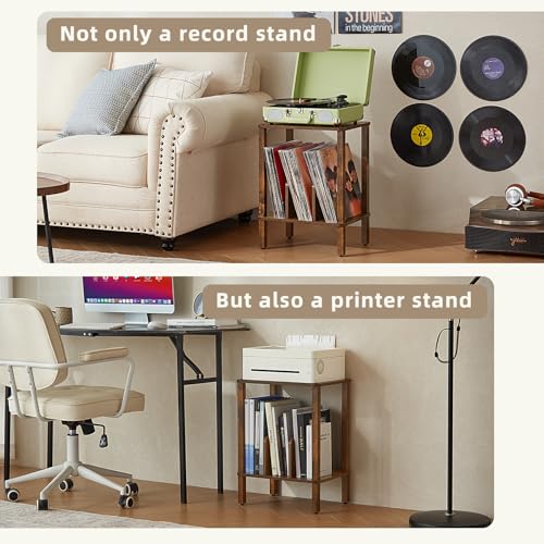LELELINKY 2-Tier Record Player Stand with Vinyl Record Storage up to 100 Albums, Bedroom Record Holder and Multi-Functional End Table for Living Room, Brown LELELINKY