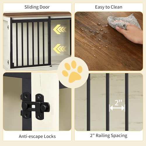 Hzuaneri 78" Dog Crate Furniture for 2 Dogs, Double Dog Cage with Divider, Wooden Heavy Duty Dogs Kennel, Pet Cage with Barn Door, TV Stand for Large Small Medium Dogs, White Brown DFC83714BV1 Hzuaneri