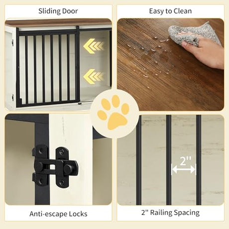Hzuaneri 78" Dog Crate Furniture for 2 Dogs, Double Dog Cage with Divider, Wooden Heavy Duty Dogs Kennel, Pet Cage with Barn Door, TV Stand for Large Small Medium Dogs, White Brown DFC83714BV1 Hzuaneri