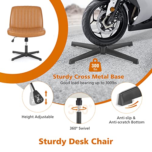 Sweetcrispy Criss Cross Chair Legged, Armless Office Swivel Desk Chair No Wheels, Vanity Height Adjustable Wide Seat Faux Leather Computer Task Seating for Home Bedroom Sweetcrispy