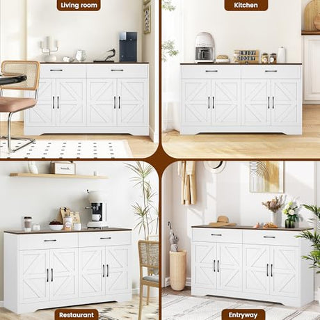 55" Sideboard Buffet Cabinet with Storage, Large Kitchen Storage Sideboard with Drawers & Doors, Modern Wood Farmhouse Coffee Bar Cabinet, Buffet Table for Kitchen, Dining Room, Living Room, White GRUSIGN