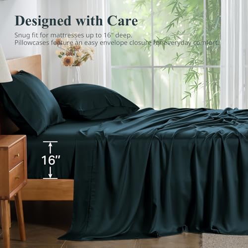 KRIMANO Full Size Sheet Set, Viscose Bamboo Sheets for Bed Set 4pcs, 100% Viscose Derived from Bamboo, Hotel Luxury Silky & Cooling for Hot Sleepers, Deep Pocket Up to 17", Navy Blue KRIMANO