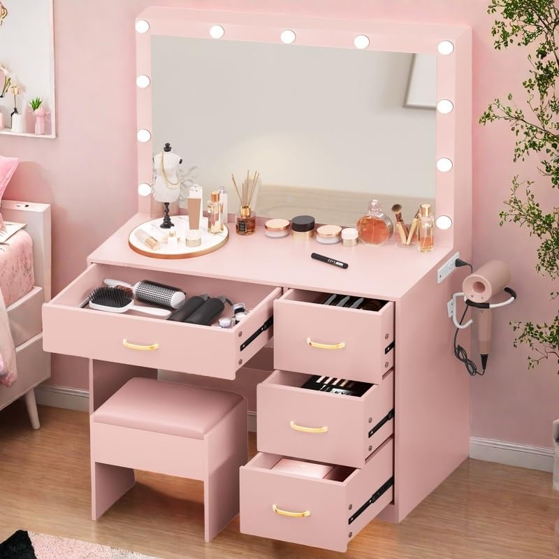 YITAHOME Makeup Vanity Desk with Large Lighted Mirror & Power Outlet, Makeup Vanity Set with 4 Drawers, Dressing Table with 3 Color Modes Available, Cushioned Bench, Bedroom, Pale Pink