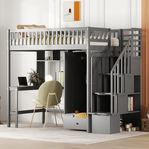 Twin Loft Bed with Storage, Desk, and Wardrobe by Harper & Bright Designs - Grey Solid Wood Frame - WoodArtSupply