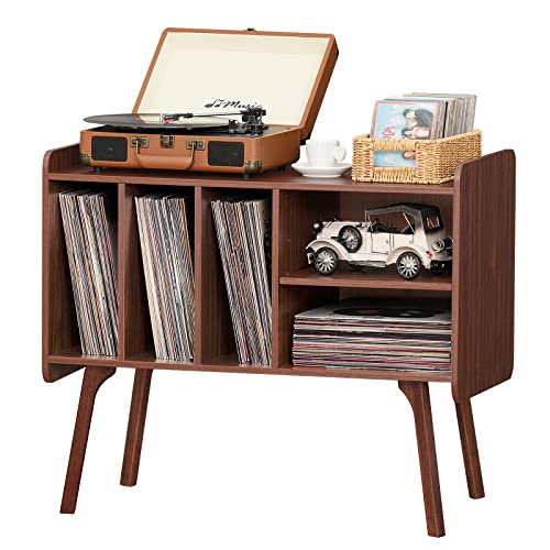 Lerliuo Record Player Stand with 4 Cabinet Holds Up to 220 Albums, Large Turntable Stand with Beech Wood Legs, Mid-Century Record Player Table,Walnut Vinyl Holder Storage Shelf for Bedroom Living Room Lerliuo