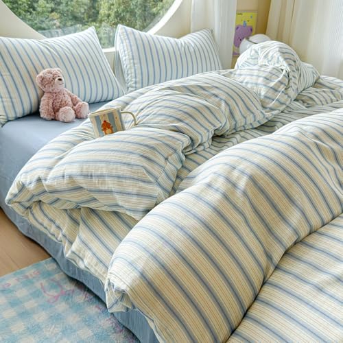 HighBuy Chic Blue Stripe Duvet Cover Set Twin XL,Kids Boys Muslin Cotton Breathable Striped Comforter Cover with 2 Pillowcases,Minimalist Stripes Textured Gauze Bedding Duvet Cover Set HighBuy