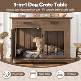 Merax 44.48" Large Dog Crate Furniture with Rotating Dog Bowls, Wooden Dog Kennel Furniture as End Table with 2 Storage Drawers, Decorative Pet Cage Indoor Dog House for Medium Dogs, Brown Merax
