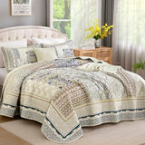 WONGS BEDDING Boho Quilt Set Queen, 3 Pieces Beige Patchwork Bedspread Coverlet Set,Soft Lightweight Microfiber Bohemian Floral Pattern Bedding Set for All Season (96"X90") WONGS BEDDING