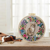 FRANDEK Cute Cat Stamped Embroidery Kit for Beginners Adults, DIY Needlework with Bamboo Hoop Pre-Printed Cotton Fabric, Complete Craft Gift for Women Home Decor