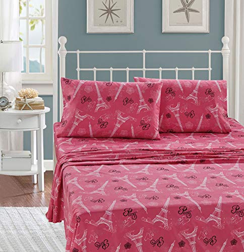 Kids Zone Home Collection Sheet Set Girls/Teens Paris Eiffel Tower Hearts Flowers White Pink Black Pink/White New # Flatscreen Paris (Pink, Queen) Kids Zone