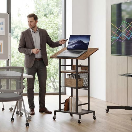 MAHANCRIS Podium Stand with Locking Wheels, 4-Tier Mobile Lectern with Storage Shelves and Non-Slip Lip, for Classroom, Church, Conference Standing Desk, Rustic Brown and Black LPHR6001 MAHANCRIS