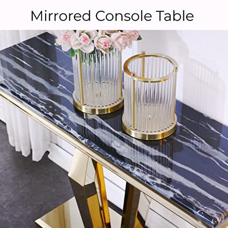 ACEDCOR Modern Console Table, Rectangular Living Room Entryway Table with Mirrored Geometric Base, Black Gold ACEDÉCOR