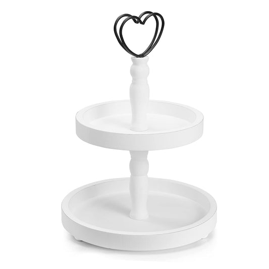 Tiered Tray Stand,Two Tier Tray,2-Tier Decorative Trays, White Tiered Tray for Vintage Decor, Round Wooden Serving Tier Tray(White) - WoodArtSupply