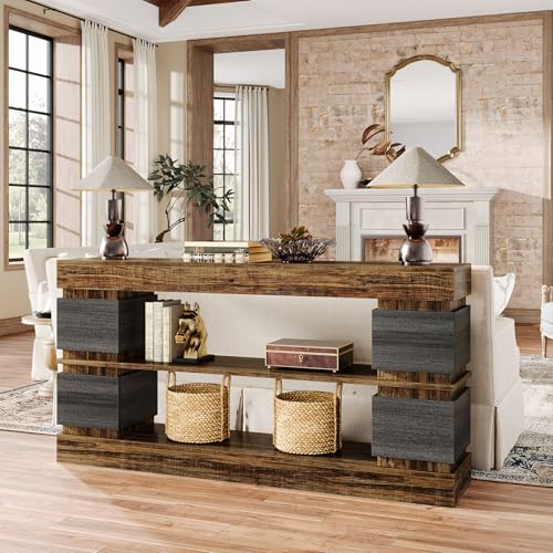 Tribesigns 63" Farmhouse Console Table, 3-Tier Entryway Table with Storage, Long Wooden Behind Couch Stand with 4 Compartments for Living Room, Hallway, Foyer, Vintage Brown & Gray Tribesigns