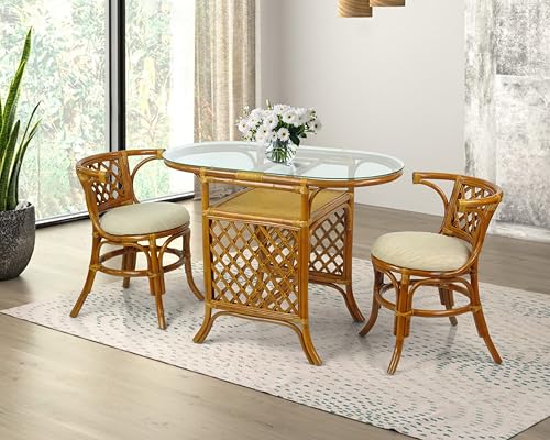 Borneo Compact Dining Set Colonial Color, Table with Glass Top + 2 Chairs with Cream Cushions, Handmade Natural Wicker Rattan Furniture Wickerix