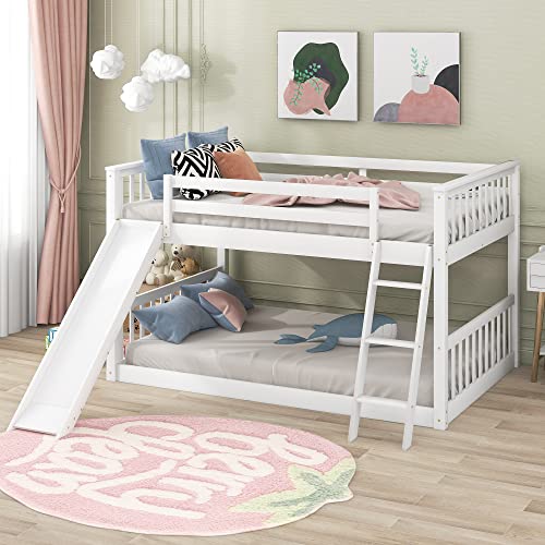 Harper & Bright Designs Floor Low Bunk Bed Full Over Full with Slide and Ladder, Solid Wood Bunk Beds Frame for Saving Space, White Harper & Bright Designs