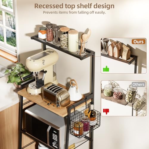 Anniper Bakers Rack with Foldable Basket, Large 4 Tiers Coffee Bar Station, Kitchen Microwave Stand with Storage, Metal Shelf Rack for Living Room, Office, Garage (Rustic Brown)