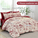 Xruibed Red Comforter Set King 7 Piece Bed in a Bag Toile de Jouy Botanical Comforter with Sheet Set Soft Micorfiber Bedding Set (1 Comforter,2 Pillow Shams,1 Flat Sheet,1 Fitted Sheet,2 Pillowcases) Xruibed