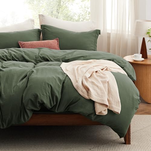 Bedsure Duvet Cover Full Size with Fitted Sheet - 4 Pieces Prewashed Cotton-Like Polyester Extra Soft Bedding Set, Includes 1 Duvet Cover 80x90 Inches, 2 Pillow Shams, 1 Fitted Sheet, Olive Green Bedsure