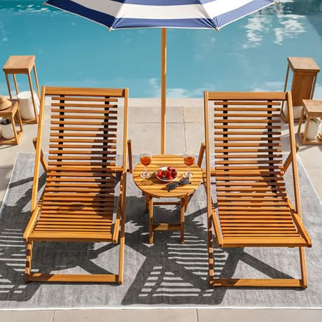 Flamaker 3-Piece Acacia Wood Patio Set, Chaise Lounge Chairs for 2 and Side Coffee Table, Adjustable and Foldable, for Pool, Beach, Backyard, No Assembly Flamaker