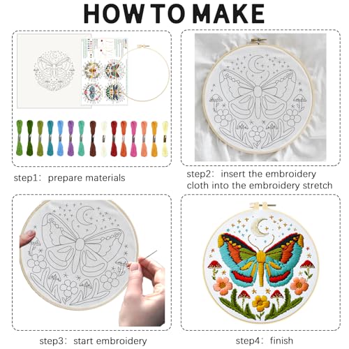 INFUNLY 4 Sets DIY Insect Pattern Embroidery Kits for Starter 11.8"×11.8" Flowers Plants Embroidery Hoop kit Handmade Bees Embroidery Kits Moth Needlepoint Kit with Instruction for Adults Beginners