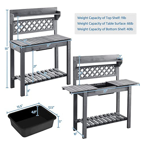 Yaheetech Potting Bench Table Outdoor Garden Potting Table Wooden Workstation w/Sliding Tabletop Removable Sink w/Storage Shelf Flower Pot Bench Mobile Garden Potting Bench Gray Yaheetech