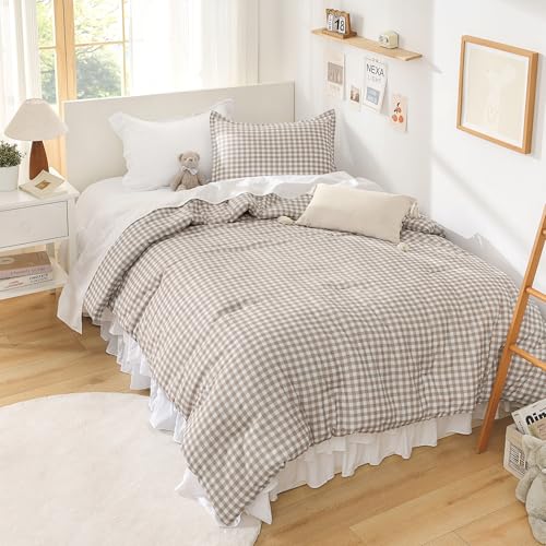 Andency Tan Gingham Comforter Set Twin(66x90Inch), Brown Checkered Grid Plaid Buffalo Bed Set for Girls Boys Kids Teens, 2 Pieces Lightweight Microfiber Geometric Preppy Bedding Andency